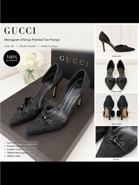 Vintage Gucci GG Monogram D’Orsay Heels Black Canvas Bow Pointed Toe Pumps 6 box